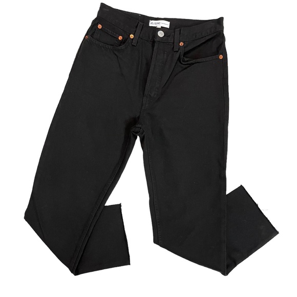 RE/DONE Black Noir Stove Pipe High Rise Cropped Raw Hem Cotton Jeans 27 - Picture 3 of 6